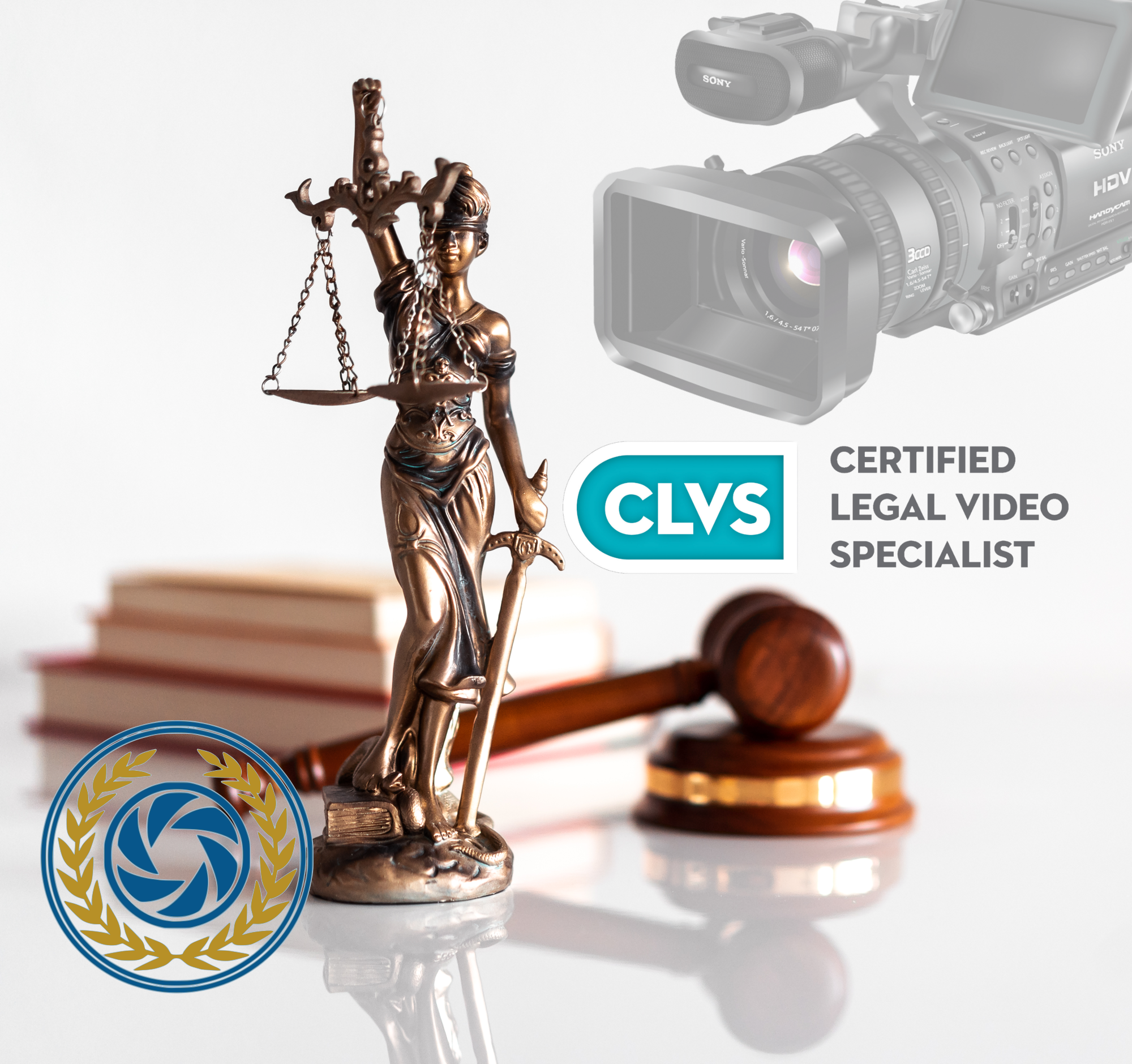 Lady Justice small statue sitting on a table beside a gavel and books with a camera and the Real Time Legal Video icon in the image. CLVS Certified Legal Video Specialist text is beside the statue.